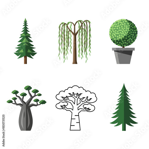 Diverse tree silhouettes showcase botanical variety and stylized arboreal forms for design