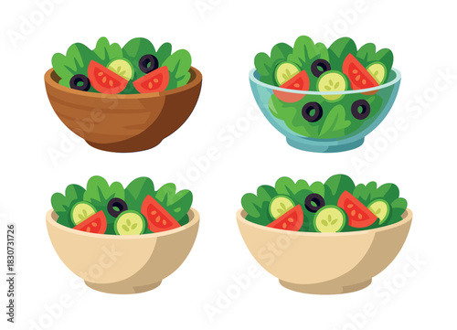 Salad bowl collection with vegetables, cucumbers, olives, flat vector illustration