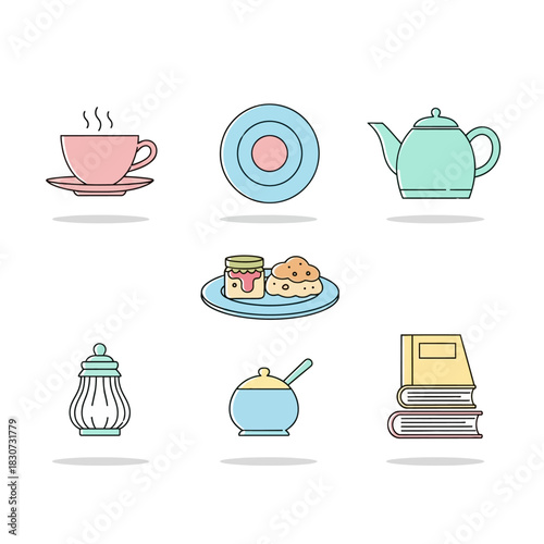 Simple pastel-toned breakfast table icons illustrating a calm morning routine and culinary stillness