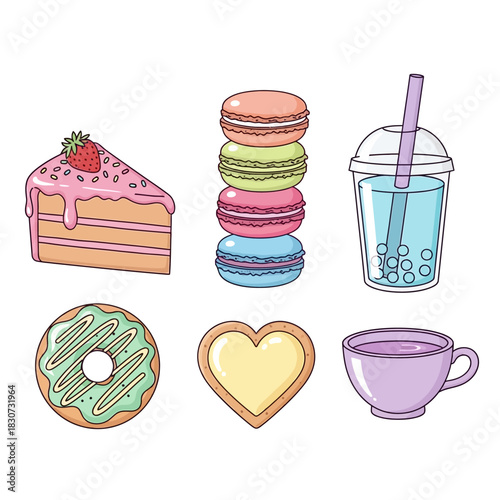 Colorful cartoon sweets and drinks illustration for a delightful digital treat compilation