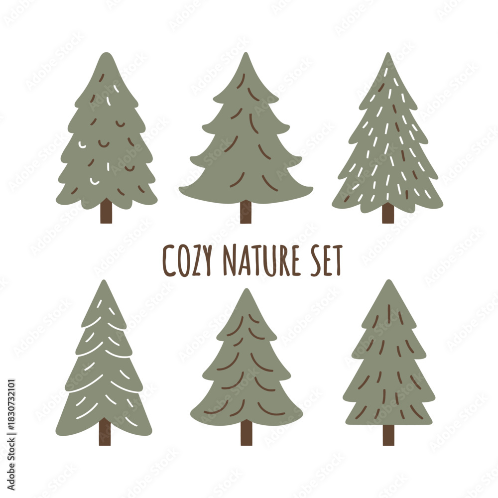 Obraz premium Collection of illustrated woodland trees with varied textures evoking a serene and minimalist