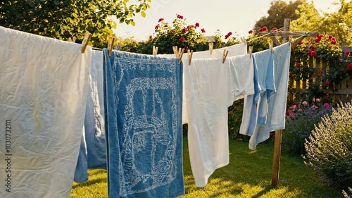 Laundry Day: Clothes Hang On A Line In A Sunny Garden With A Breeze