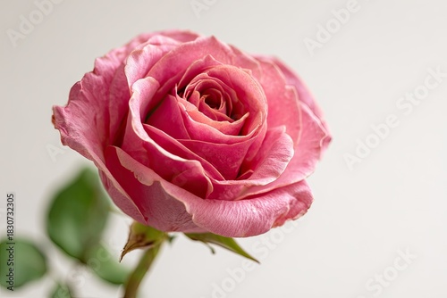 Close-up of a pink rose with layers of petals against a soft, neutral background