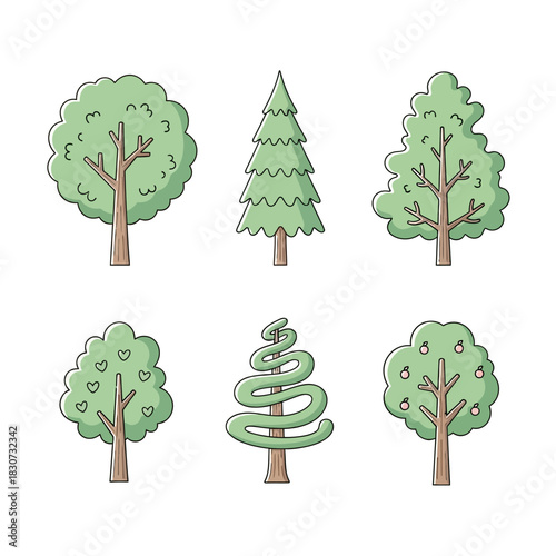 Cartoon tree collection featuring diverse arboreal forms perfect for nature-themed illustrations