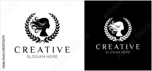 Elegant logo design featuring a woman's profile silhouette with flowing hair encircled by a laurel wreath, presented in black and white versions.