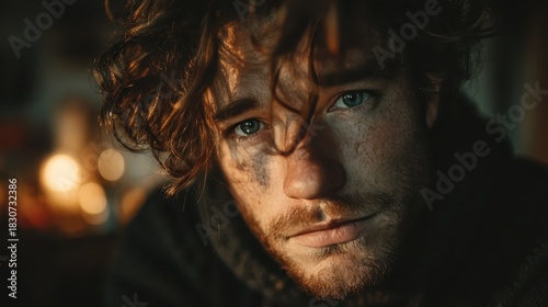 A close-up of a young man with curly hair, showcasing deep emotion through his gaze, illuminated by soft warm light in a cozy environment that feels intimate and reflective.