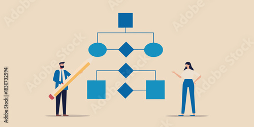 Business people creating and analyzing a flowchart diagram for strategy and planning