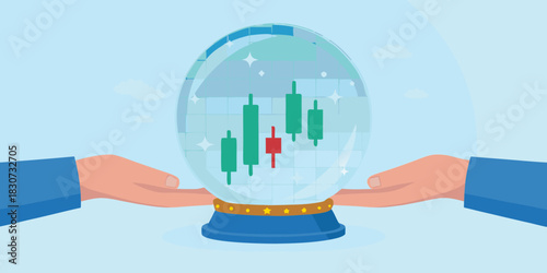 Hands holding a crystal ball showing a stock market candlestick chart