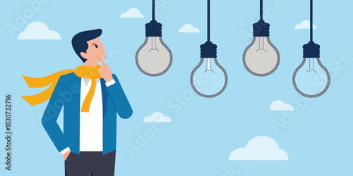 Man thinking about ideas with lightbulbs hanging above