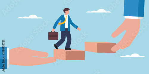 Businessman climbing stairs supported by helping hands and clouds in the background