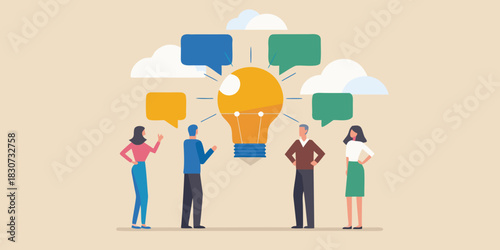 Diverse team collaborating on a bright idea with speech bubbles
