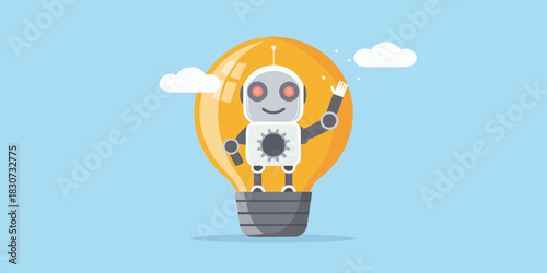 Friendly robot character inside a glowing light bulb with clouds