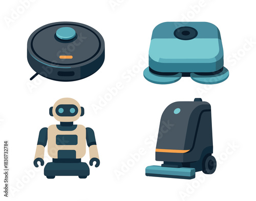 Home cleaning gadgets, robot, vacuum, and cleaner, flat vector illustration