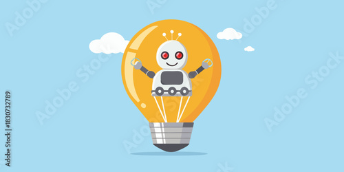 Cute robot inside a glowing light bulb with clouds in the background