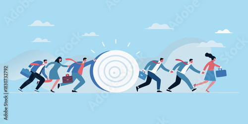 Business team pushing a large target forward towards success