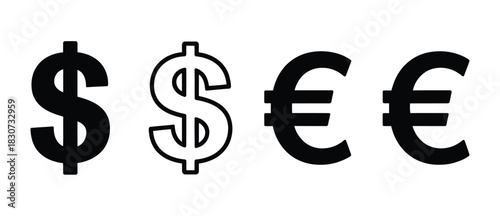International finance icons including solid and outlined currency symbols, dollar and euro signs, for global economics, banking, investment, and business illustrations.
