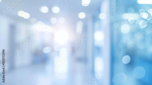 Abstract blurred background of a modern hospital corridor. Defocused blue interior of a medical clinic with bokeh lights. Healthcare and technology concept with copy space