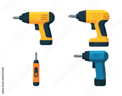 Power drill set, flat vector illustration with screwdriver and tool icons
