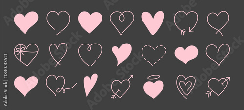 set of sketch pink hand draw heart, red doodle line icon heart, romance love elements for Valentine's Day, heart symbol design cards, poster, banner, pattern, advertisement	
