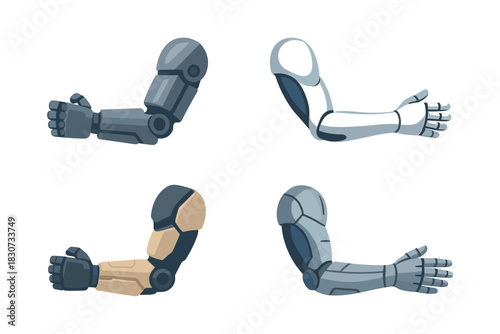 Robotic arm designs, flat vector illustration, cybernetics, mechanical