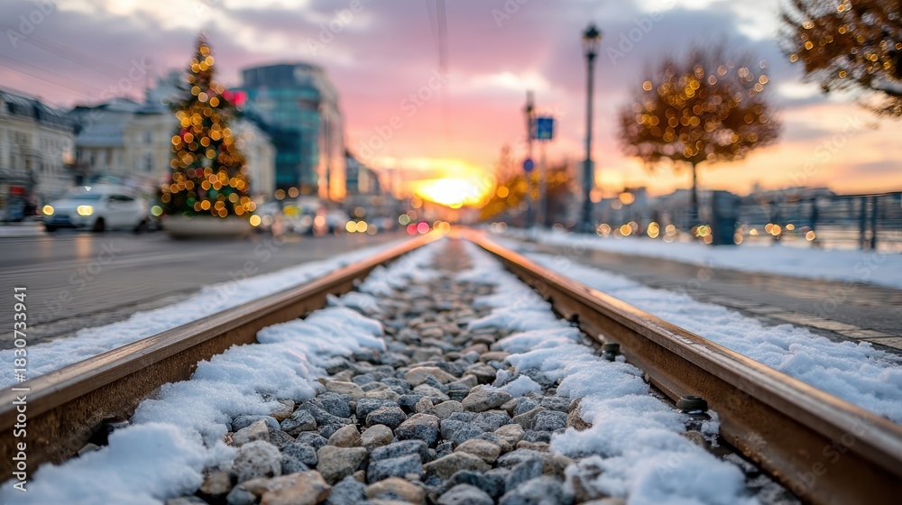 Fototapeta premium A picturesque view of railway tracks surrounded by snow, glimmering under a stunning sunset sky, creating a peaceful and dreamlike atmosphere in an urban landscape.
