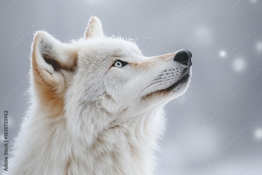 Obraz premium White wolf close-up in snowy forest winter scene frosty natural wildlife animal portrait serene cold outdoor majestic wilderness atmosphere
