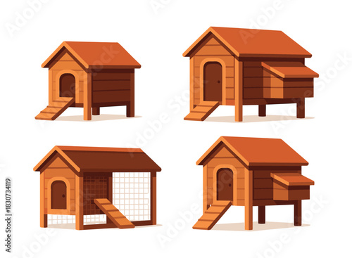 Wooden chicken coops, flat vector illustration, hen houses, farm shelters