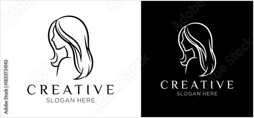 A creative logo design template featuring a line art silhouette of a woman with flowing hair, shown in black and white versions.