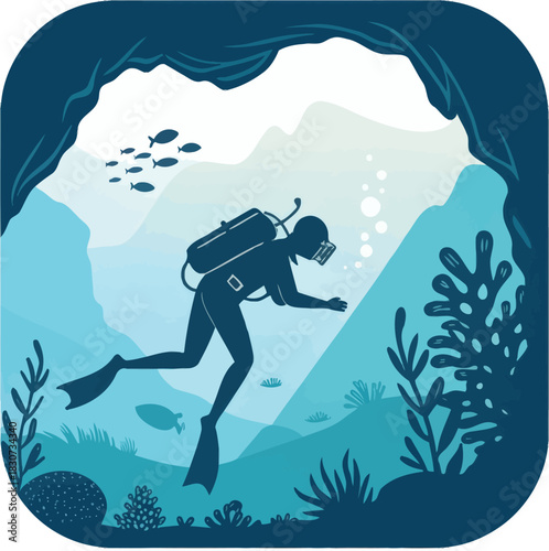 Diver exploring underwater cave system with scuba equipment