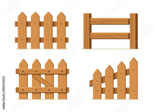 Wooden fence set, picket, rail, gate designs, flat vector illustration
