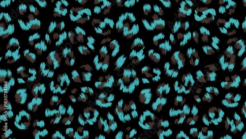 Abstract leopard print pattern with teal and brown spots on a black background