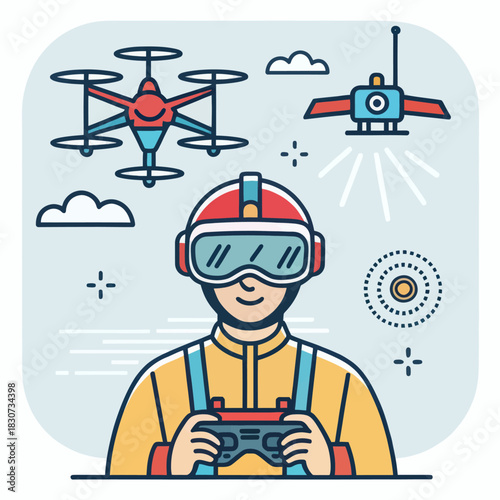 Drone racing pilot with FPV goggles during high speed flight