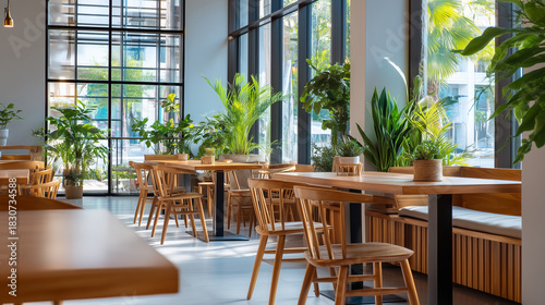 大きな窓のスタイリッシュカフェ店内に置かれたモダンインテリアと観葉植物をリアルに描いたAI生成画像