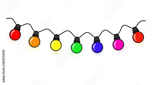 Playful cartoon illustration of a vibrant string of colorful light bulbs, ideal for festive decorations, party backgrounds, and celebratory event designs