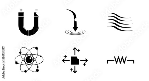 Science and Physics Icons Magnet, Atom, Waves, Resistance, and More