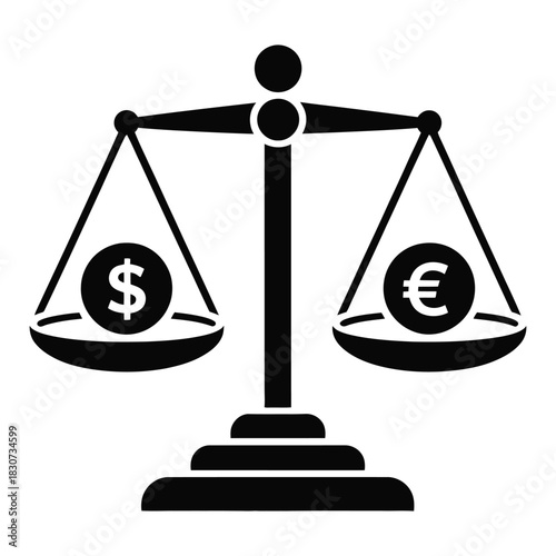 Justice scale weighing dollar versus euro currency symbols, black silhouette vector icon representing finance, global economy, money comparison, banking, and financial decision concepts.