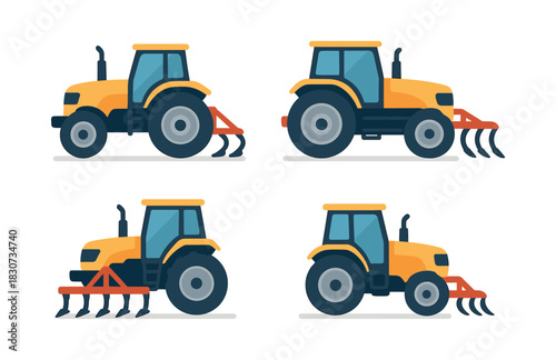 Farm equipment tractors set, flat vector illustration, agriculture machinery collection