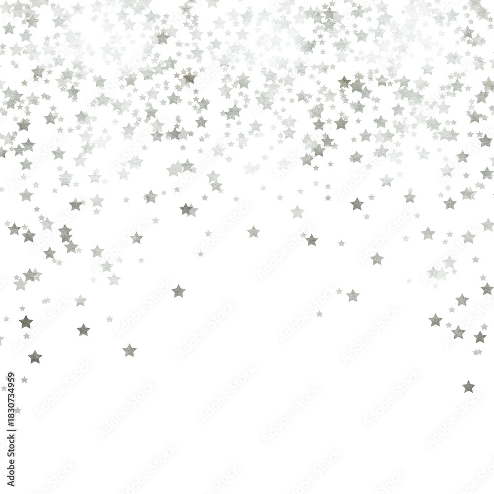 Fototapeta premium Silver Foil Falling Stars Background, Elegant Sparkle Overlay, Silver Falling Stars, Metallic Foil Sparkle Effect, Silver Star Confetti Fall, Luxury Holiday Background