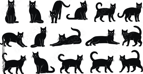 Large Collection of Black Cat Silhouettes in Various Poses, Walking, Sitting, Stretching, and Lying Down, Perfect for Pet Shops, Halloween, and Animal Vector Design.