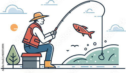 Flat Vector Icon Depicting a Person Fishing in the Water