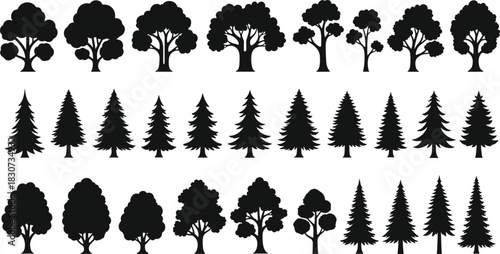 Broadleaf and Coniferous Tree Silhouettes Vector Set for Forest, Nature, Park, Ecology, Christmas, and Landscape Design Graphic Elements.