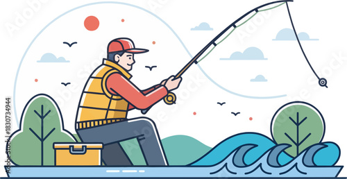 Flat design vector icon representing water sport fishing activity