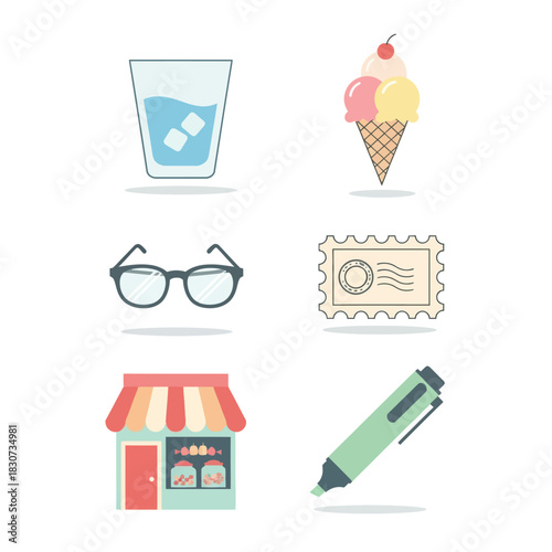 Minimalist vector collage showcasing everyday items in muted pastel tones delightful charm