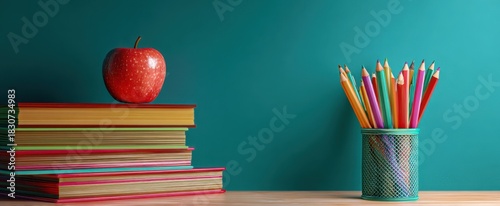 The Apple on School Books Beside Colorful Pencils in a Metal Holder