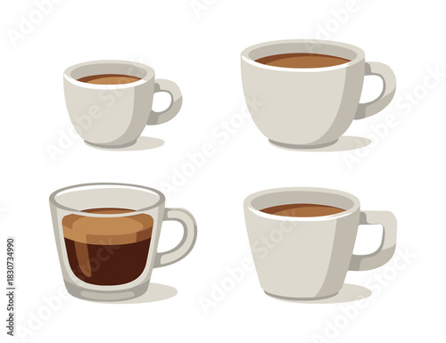 Coffee cups set, espresso, mugs, flat vector illustration for cafe design