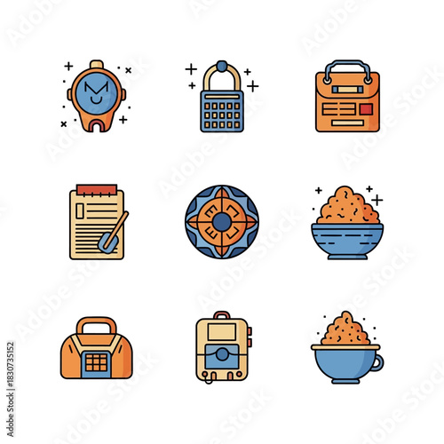 Vibrant array of diverse icons, representing various objects and everyday items in a playful design