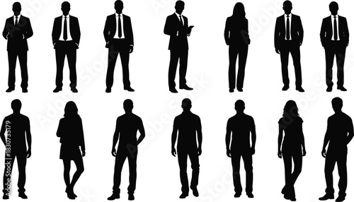 Collection of diverse business and casual people silhouettes standing in various professional and relaxed poses, corporate teamwork concept, modern workforce illustration