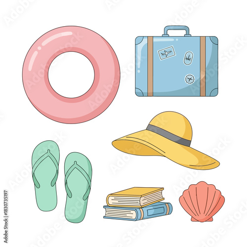 Summer getaway essentials cartoon compilation evoking wanderlust and relaxation beach vacation