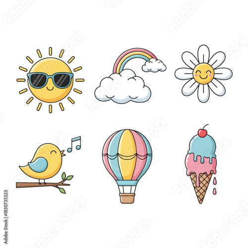 Whimsical summer vector icons featuring sun sunglasses, rainbow clouds and ice cream