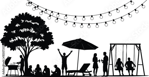 Outdoor family gathering silhouette featuring picnic, barbecue, children playing on swings, socializing adults, festive string lights, and relaxing summer celebration atmosphere